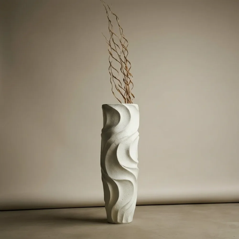 Elfloren White Polyresin Twisted Decorative Floor Vase with Branches | Modern Handmade Home Decor Accent