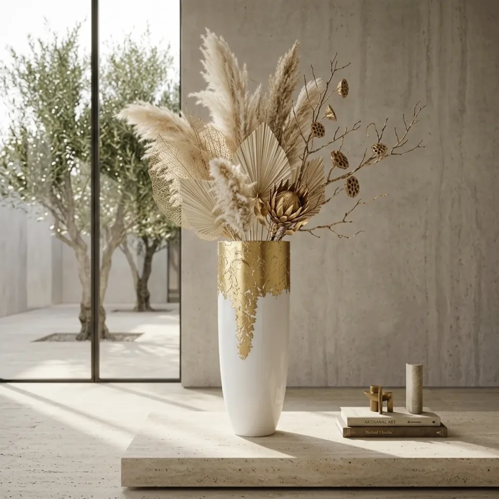 Elfloren Luxury White Polyresin Vase with Golden Leaf Decor | Modern Decorative Flower Vase for Home & Office