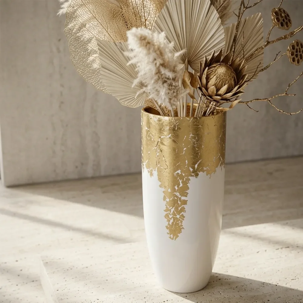 Elfloren Luxury White Polyresin Vase with Golden Leaf Decor | Modern Decorative Flower Vase for Home & Office