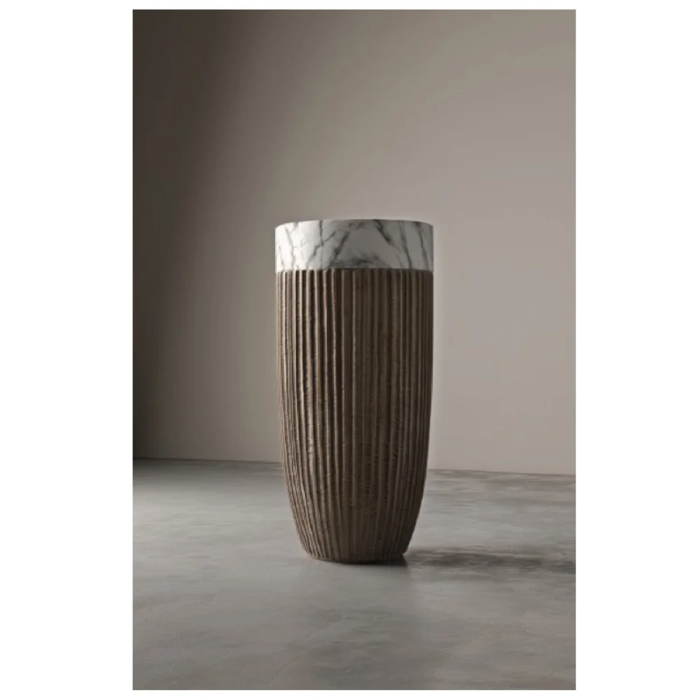 Elfloren Polyresin Floor Vase with Marble Finish Rim | Ribbed Decorative Tall Vase | Modern Luxury Home Décor