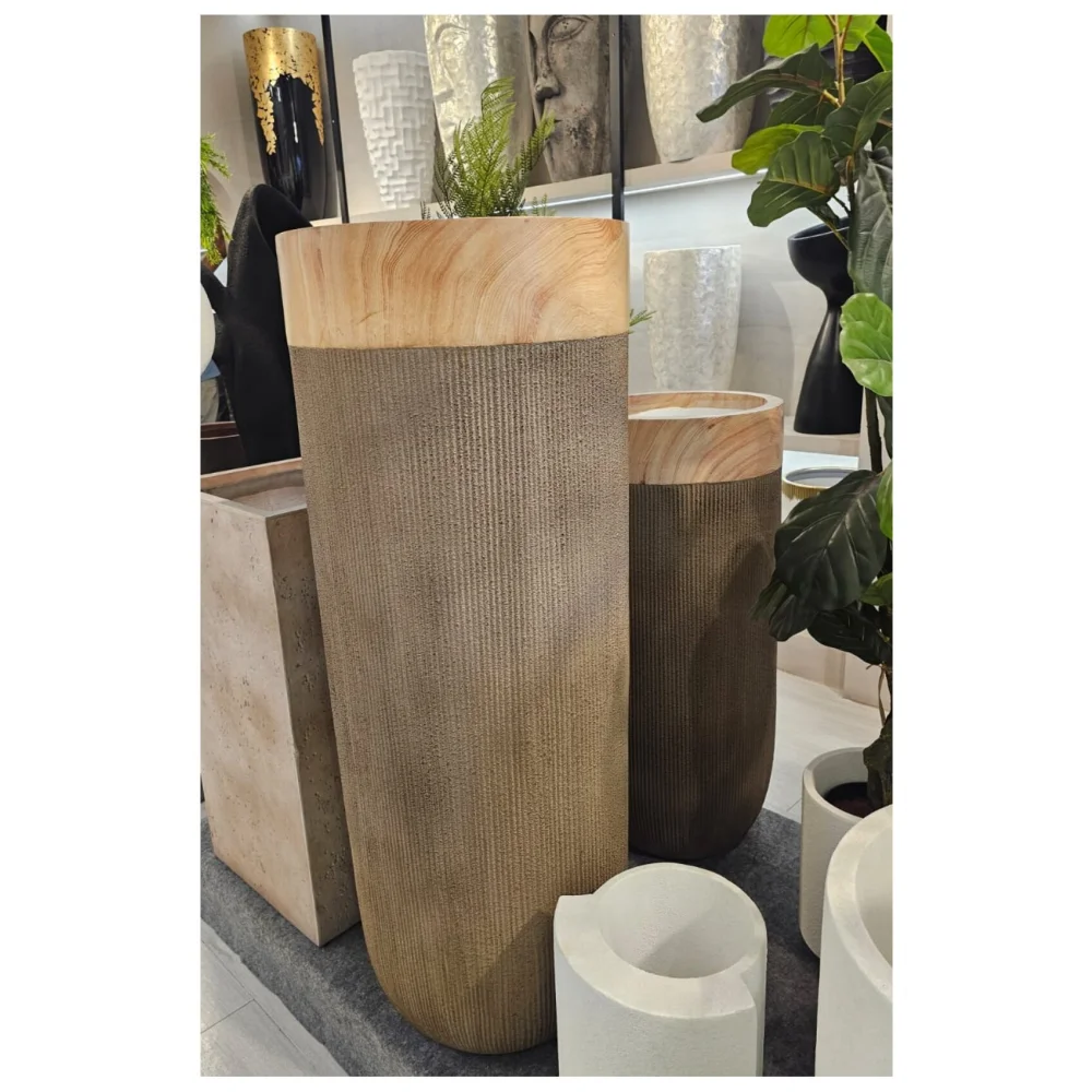 Elfloren Ribbed Polyresin Floor Vase with Wood Finish Top | Modern Decorative Tall Vase for Luxury Home Décor