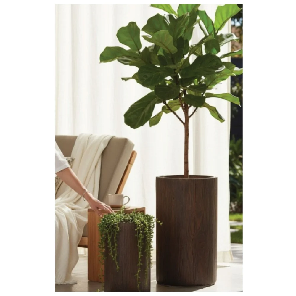 Elfloren Wood Finish Polyresin Floor Planter Vase| Set of - 2 | Modern Cylindrical Decorative Planter for Indoor & Outdoor Spaces