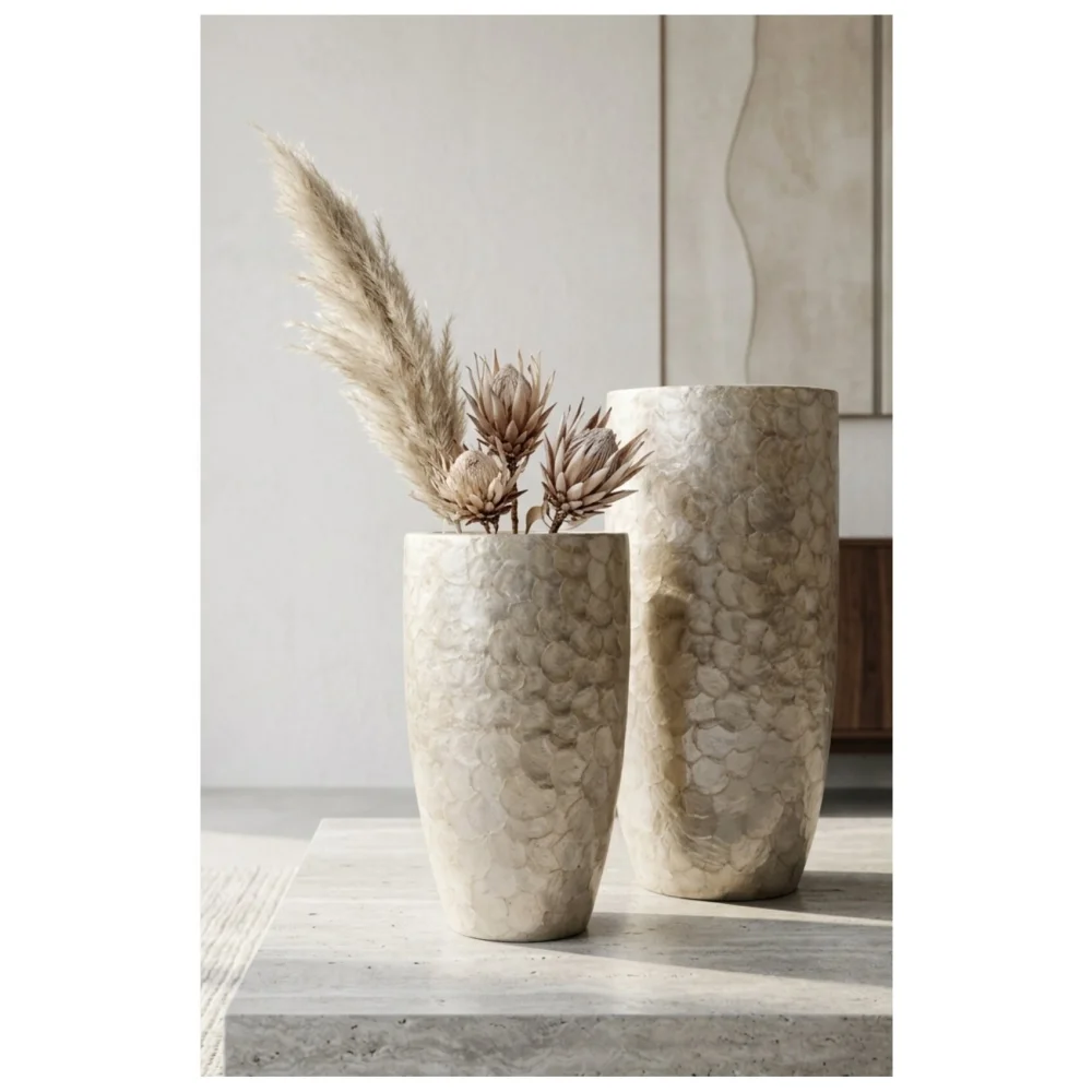 Elfloren Beige Polyresin Decorative Vase Set | Handmade Marble Texture Flower Vases for Modern Home Decor