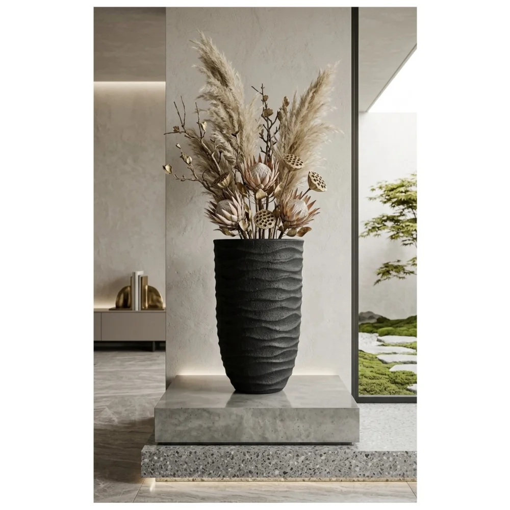 Elfloren Black polyresin floor vase with a wave-textured surface, perfect for fresh flowers, dried stems, pampas grass, or modern standalone decor.