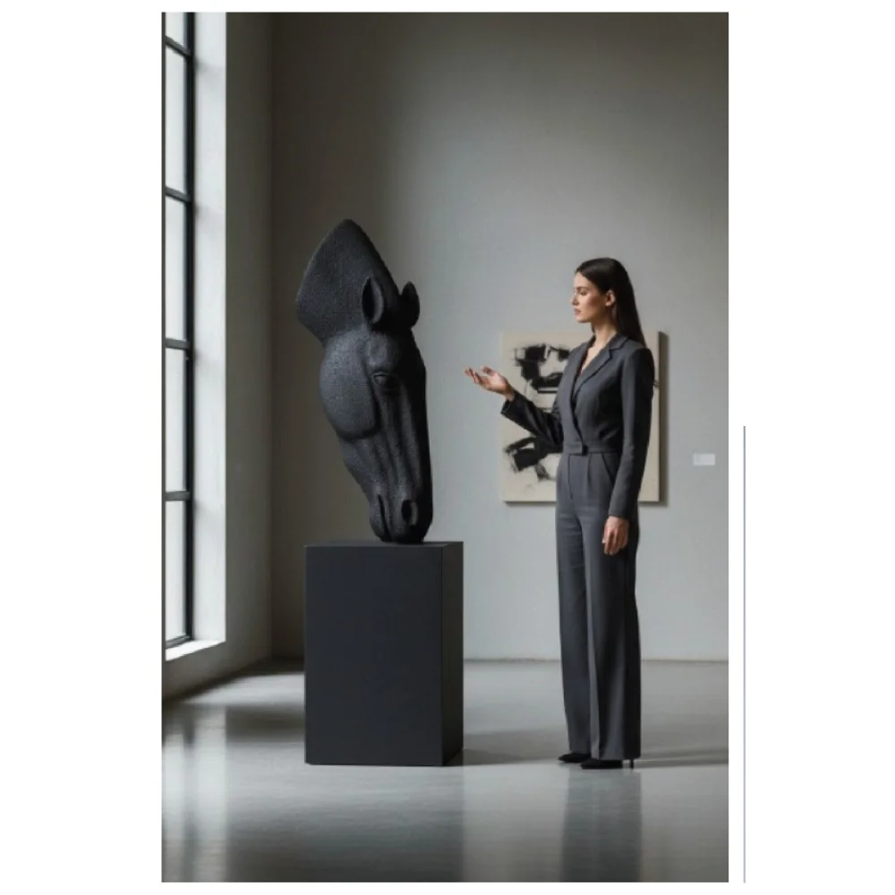 Elfloren premium 47-inch black horse head sculpture crafted from polyresin, designed as a bold statement décor piece for homes, offices, galleries, hotel lobbies, and luxury interiors.