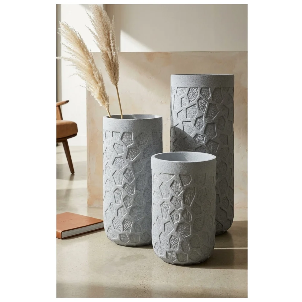 Elfloren Modern Geometric Textured Polyresin Floor Vase Collection | Decorative Designer Vase | Available in 23.5, 31 & 39.5 Inch
