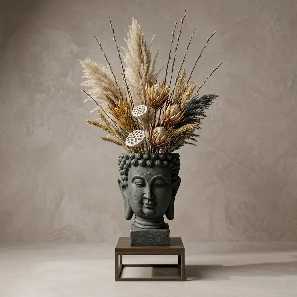 Elfloren Polyresin Buddha Head Decorative Vase with Pampas Grass Arrangement for Home & Office Decor