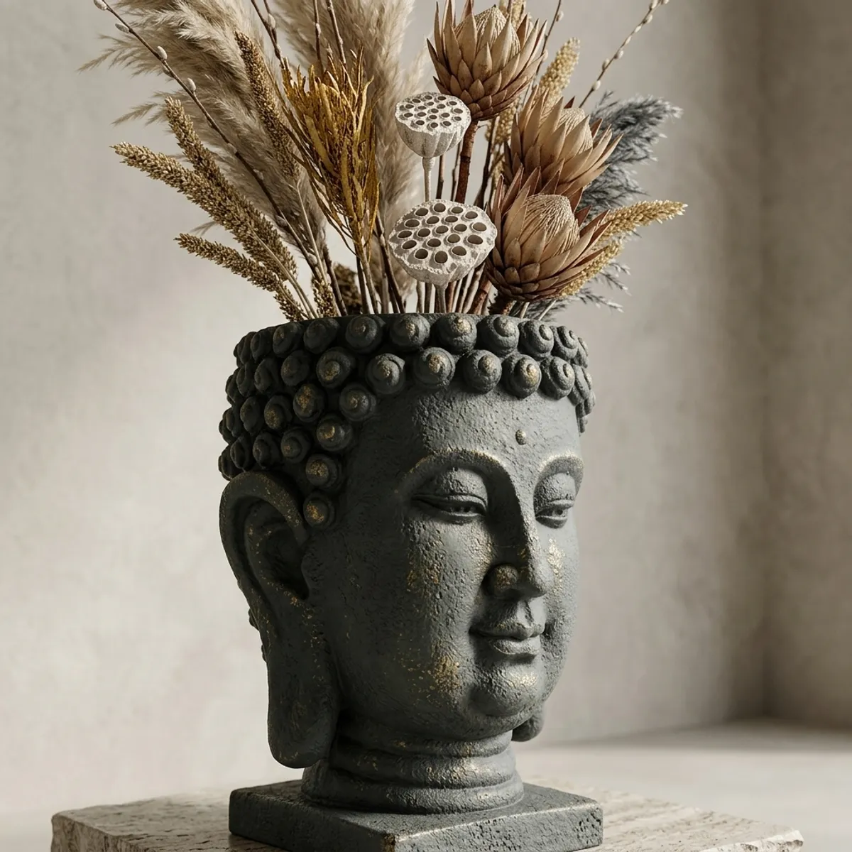 Elfloren Polyresin Buddha Head Decorative Vase with Pampas Grass Arrangement for Home & Office Decor