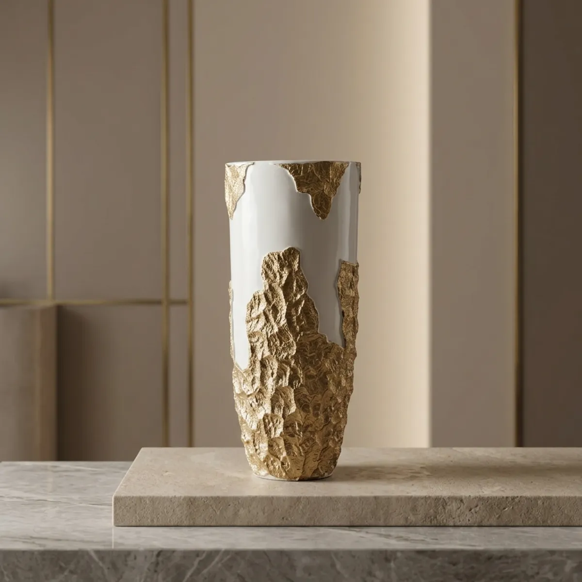 Elfloren Luxury White Polyresin Decorative Floor Vase with Gold Textured Accent | Modern Handmade Home Decor