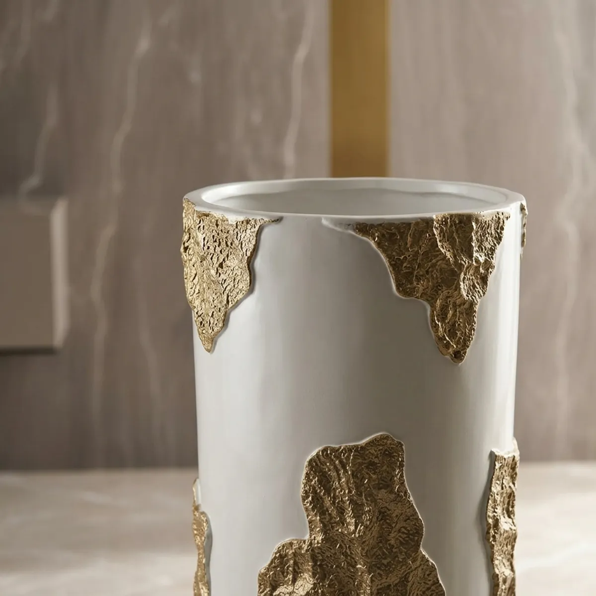 Elfloren Luxury White Polyresin Decorative Floor Vase with Gold Textured Accent | Modern Handmade Home Decor