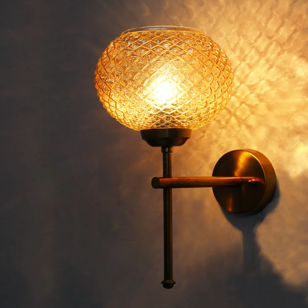 Elegant Brass Wall Sconce with Amber Crystal Globe Glass | SKE-140010_2_EBWSACGG