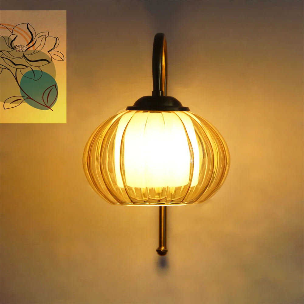 Contemporary Brass Amber Kharbuja Glass Wall Lamp | SKE-140012_2_CBWLAKG