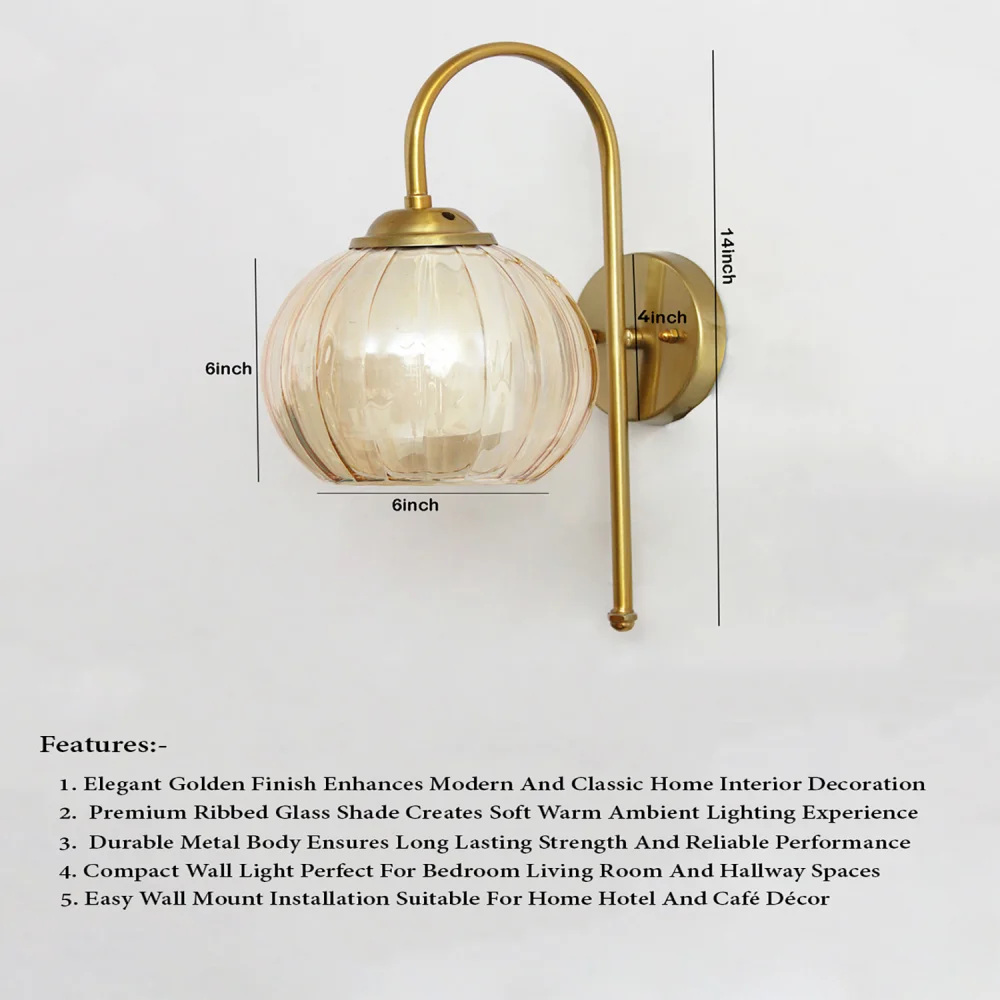 Contemporary Brass Amber Kharbuja Glass Wall Lamp | SKE-140012_2_CBWLAKG