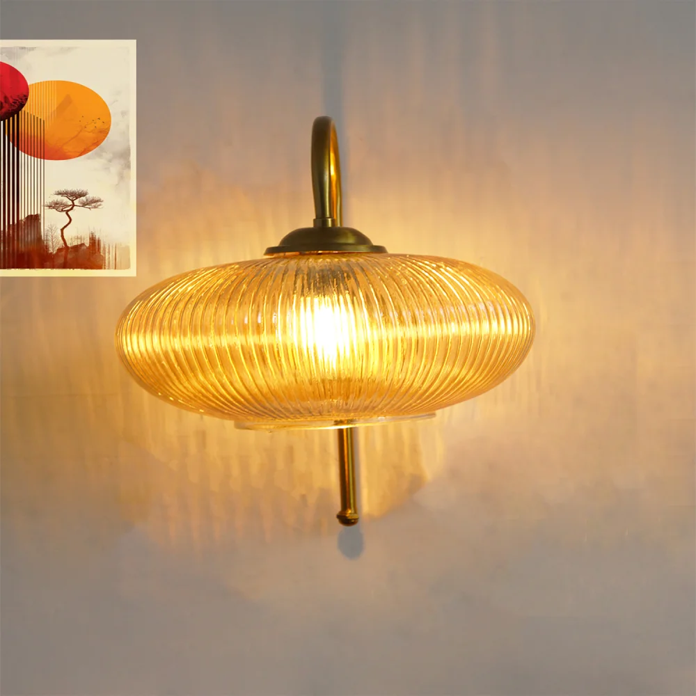 Elegant Brass Down Ribbed Amber Glass Wall Light | SKE-140012_2_EBDWLRAG_2