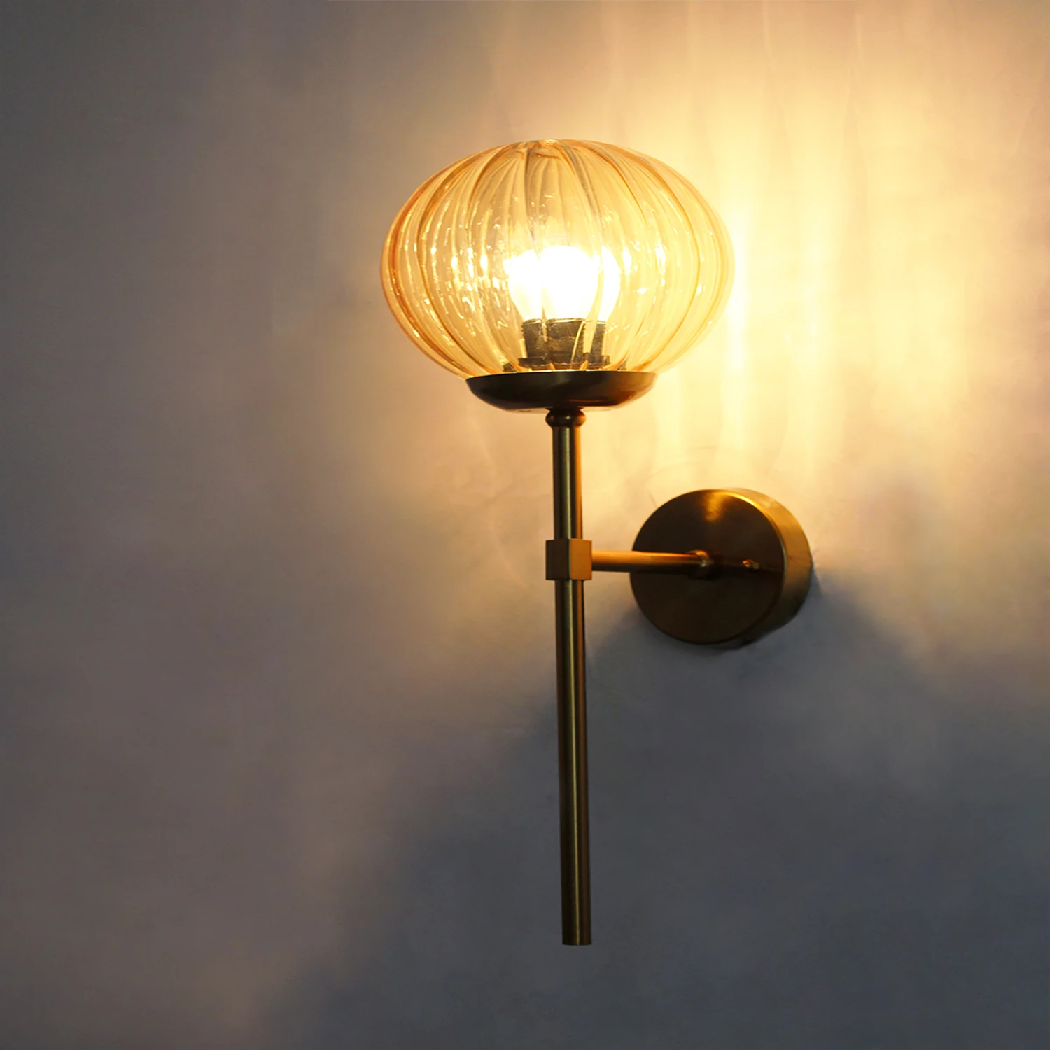 Contemporary Brass Funner Wall Lamp with Amber Kharbuja Glass | SKE-140064_CBFWLWAKG