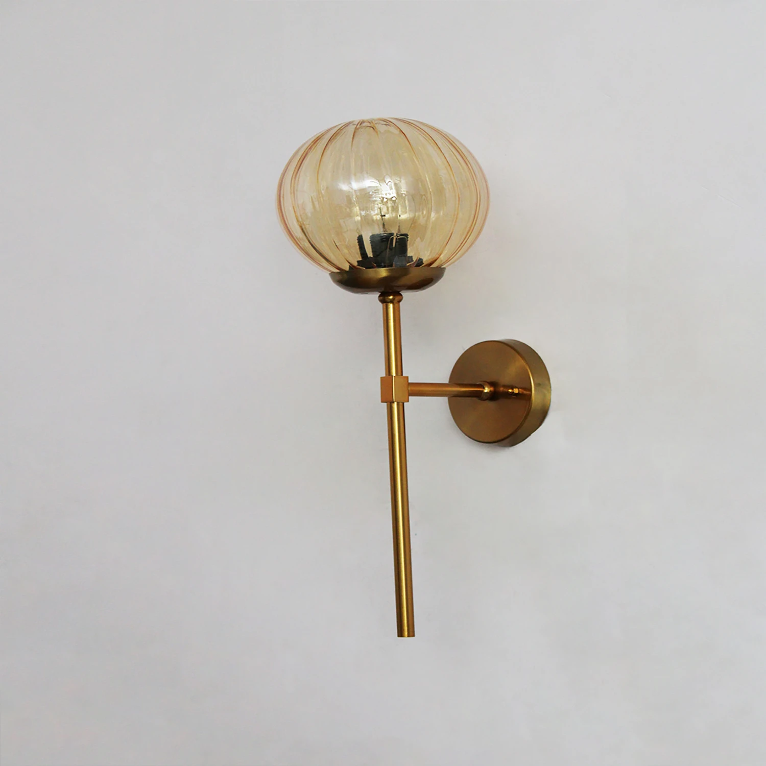 Contemporary Brass Funner Wall Lamp with Amber Kharbuja Glass | SKE-140064_CBFWLWAKG
