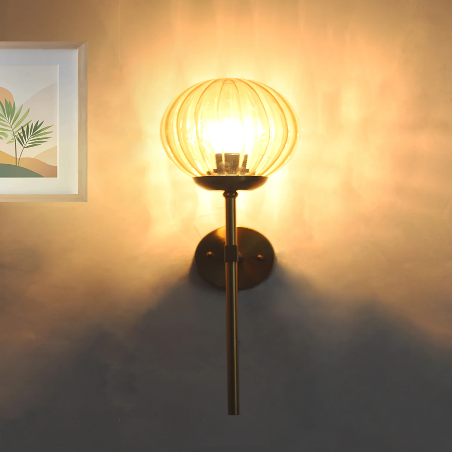 Contemporary Brass Funner Wall Lamp with Amber Kharbuja Glass | SKE-140064_CBFWLWAKG
