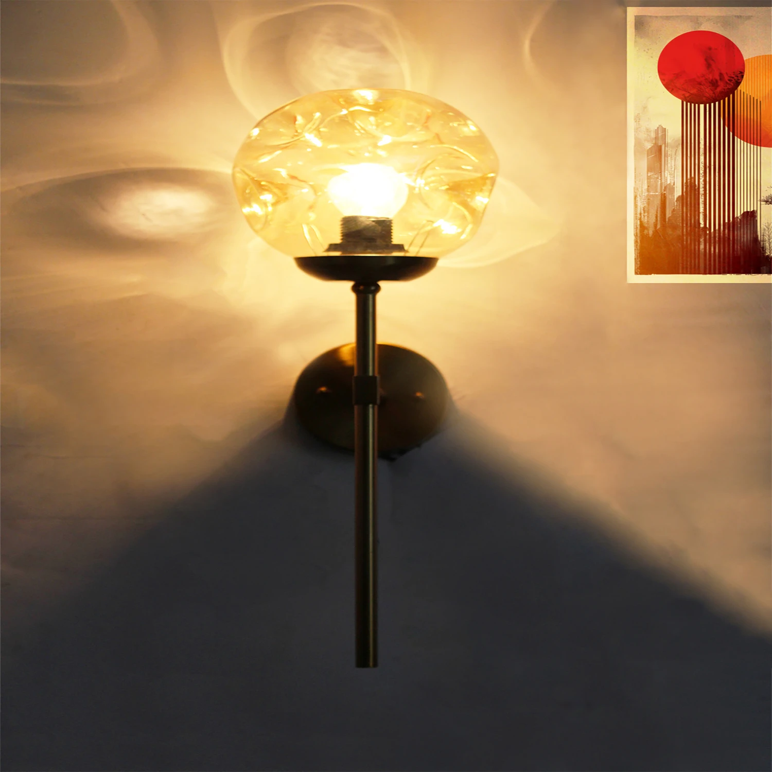 Brass Funner Wall Sconce with Amber Glass Globe Modern Light | SKE-140064