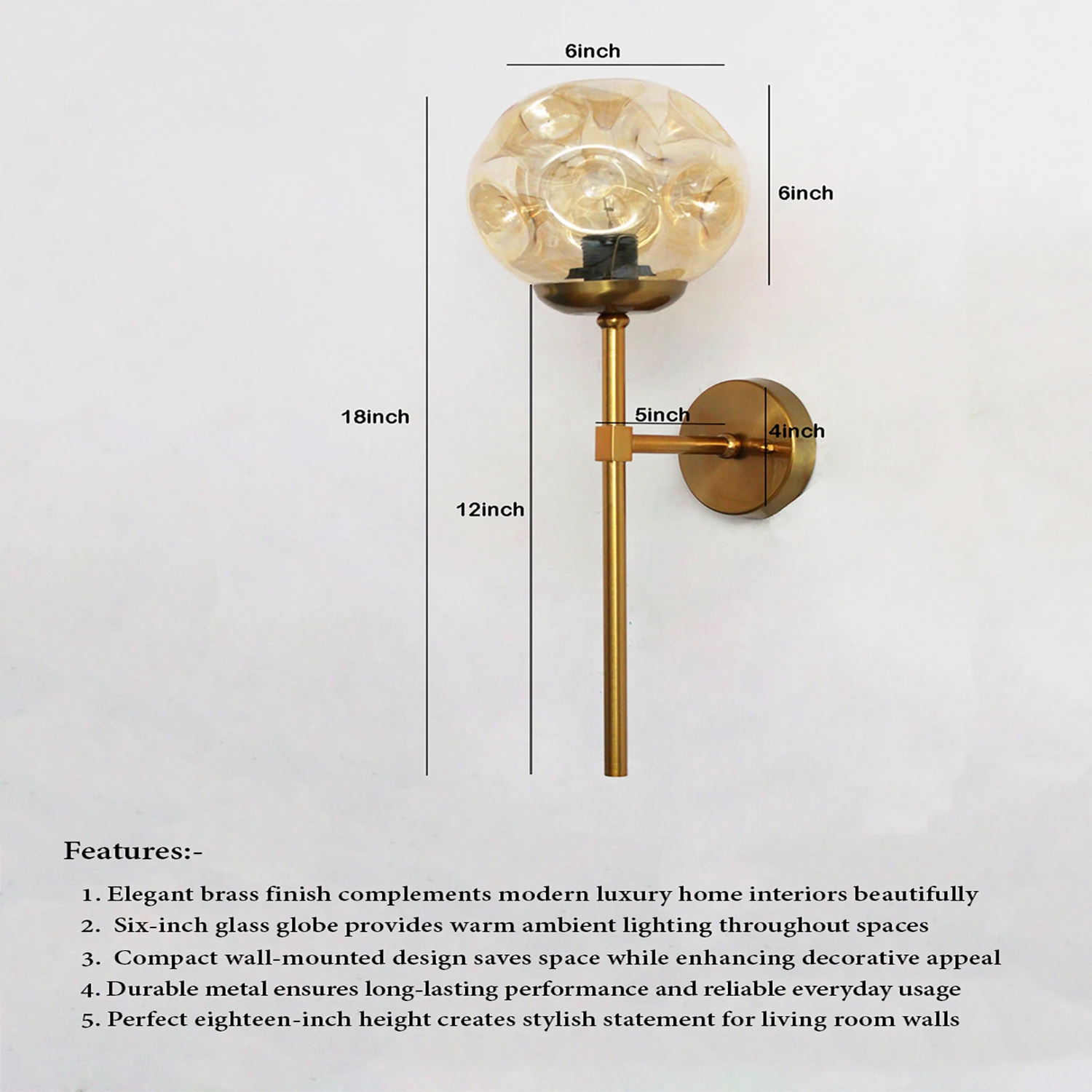 Brass Funner Wall Sconce with Amber Glass Globe Modern Light | SKE-140064