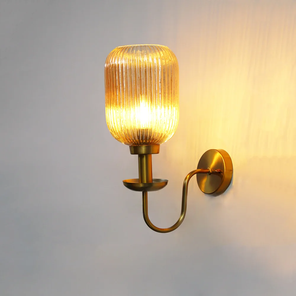 Ribbed Amber Glass Curved Arm Wall Lamp | SKE-140065_RAGCAWL