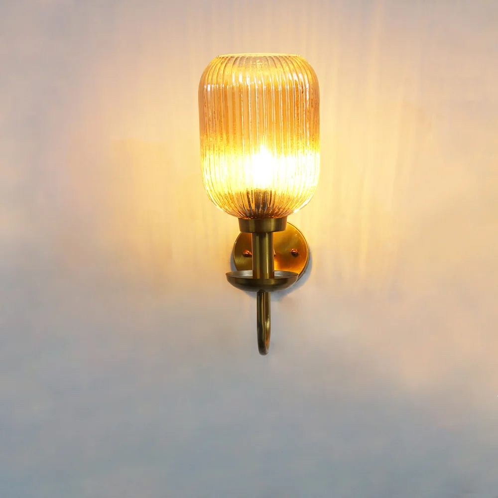 Ribbed Amber Glass Curved Arm Wall Lamp | SKE-140065_RAGCAWL