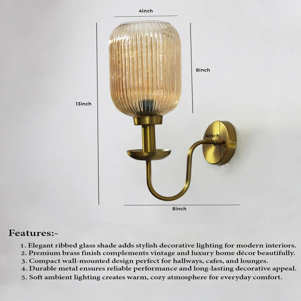 Ribbed Amber Glass Curved Arm Wall Lamp | SKE-140065_RAGCAWL