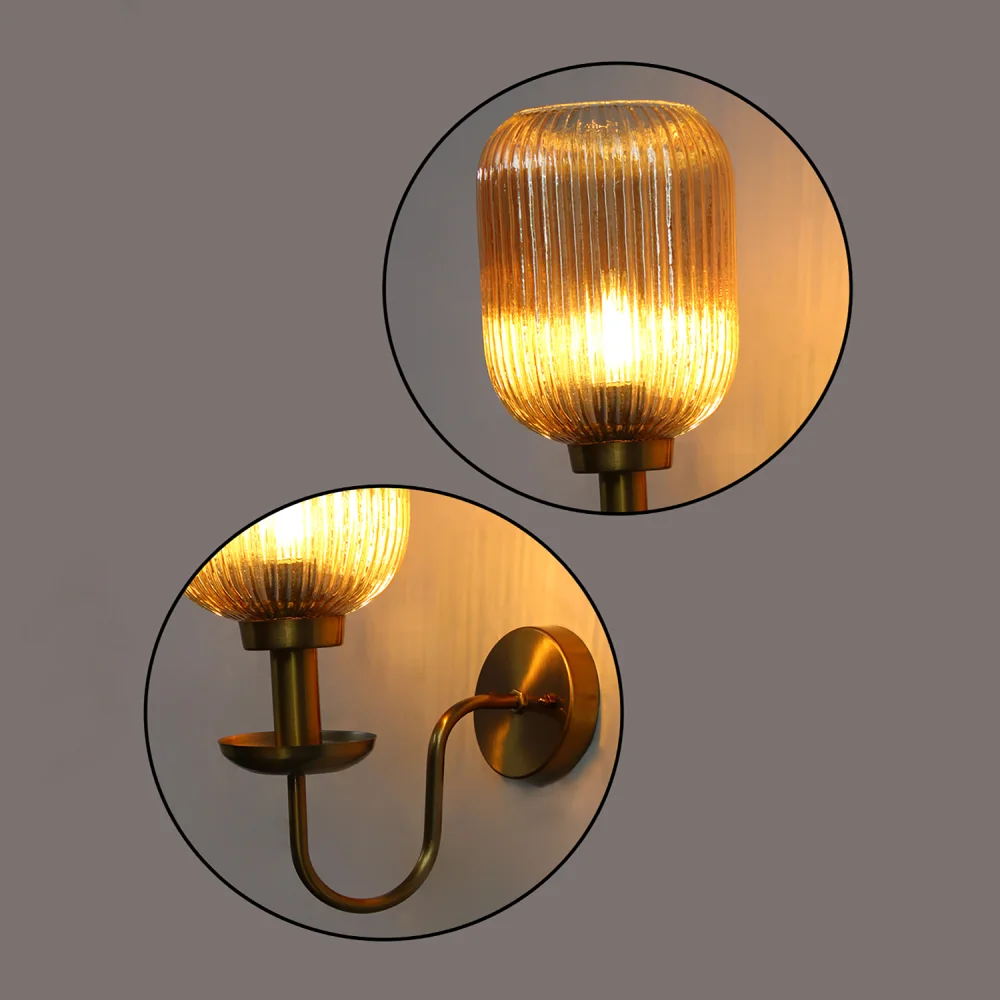 Ribbed Amber Glass Curved Arm Wall Lamp | SKE-140065_RAGCAWL