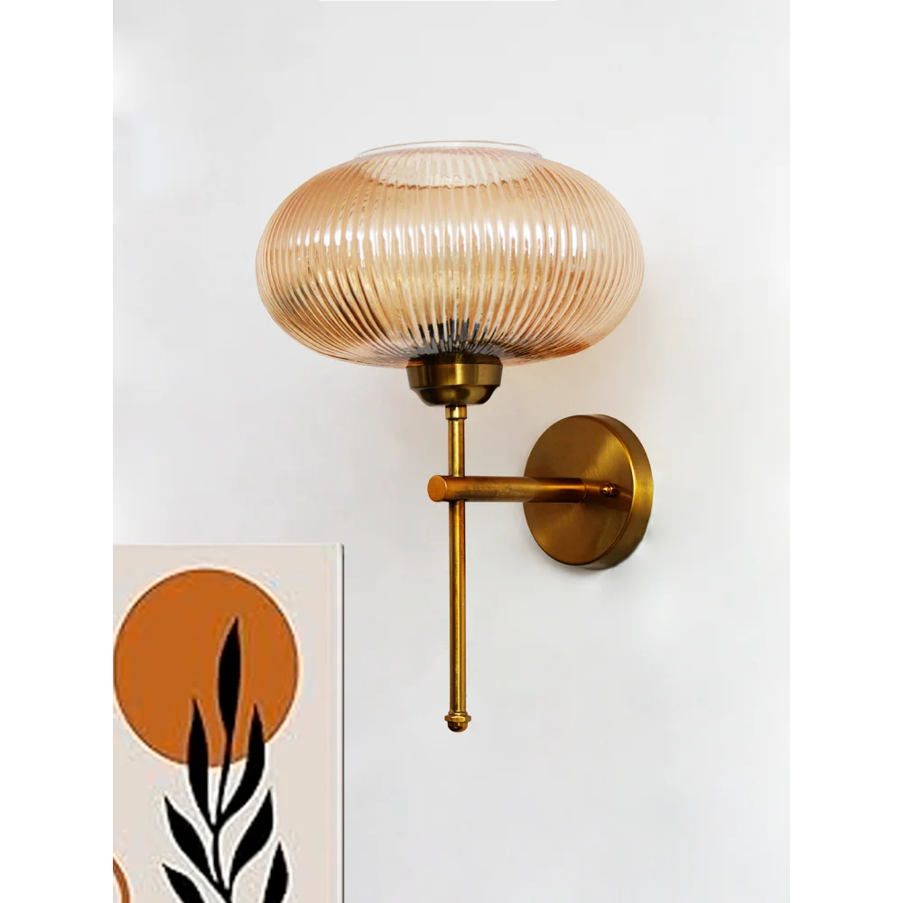Elegant Brass Wall Light Ribbed Glass Shade Fixture | SKE-140010_2_EBWLRGSF