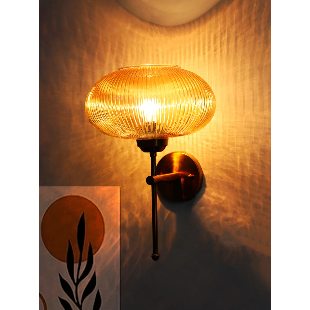 Elegant Brass Wall Light Ribbed Glass Shade Fixture | SKE-140010_2_EBWLRGSF