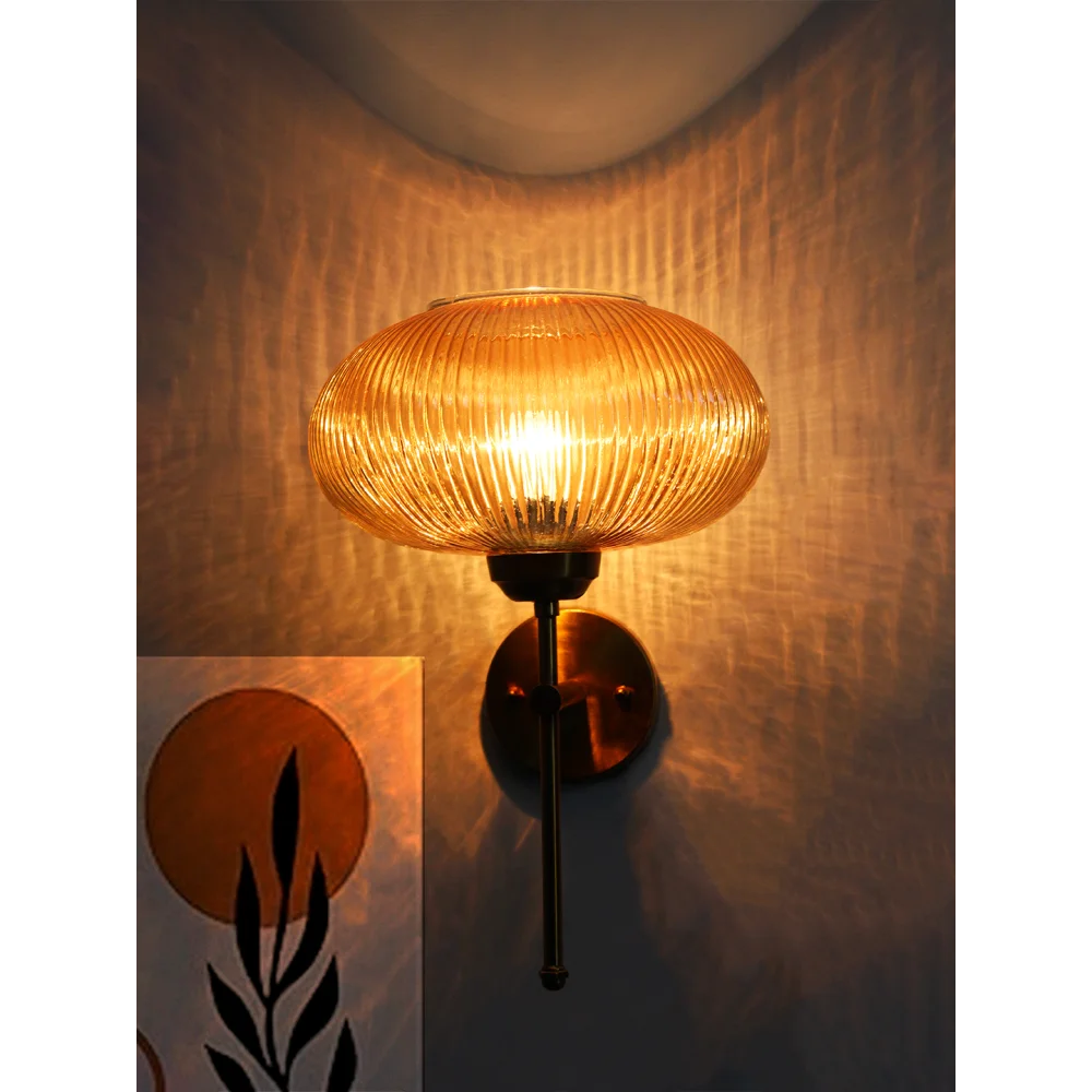 Elegant Brass Wall Light Ribbed Glass Shade Fixture | SKE-140010_2_EBWLRGSF
