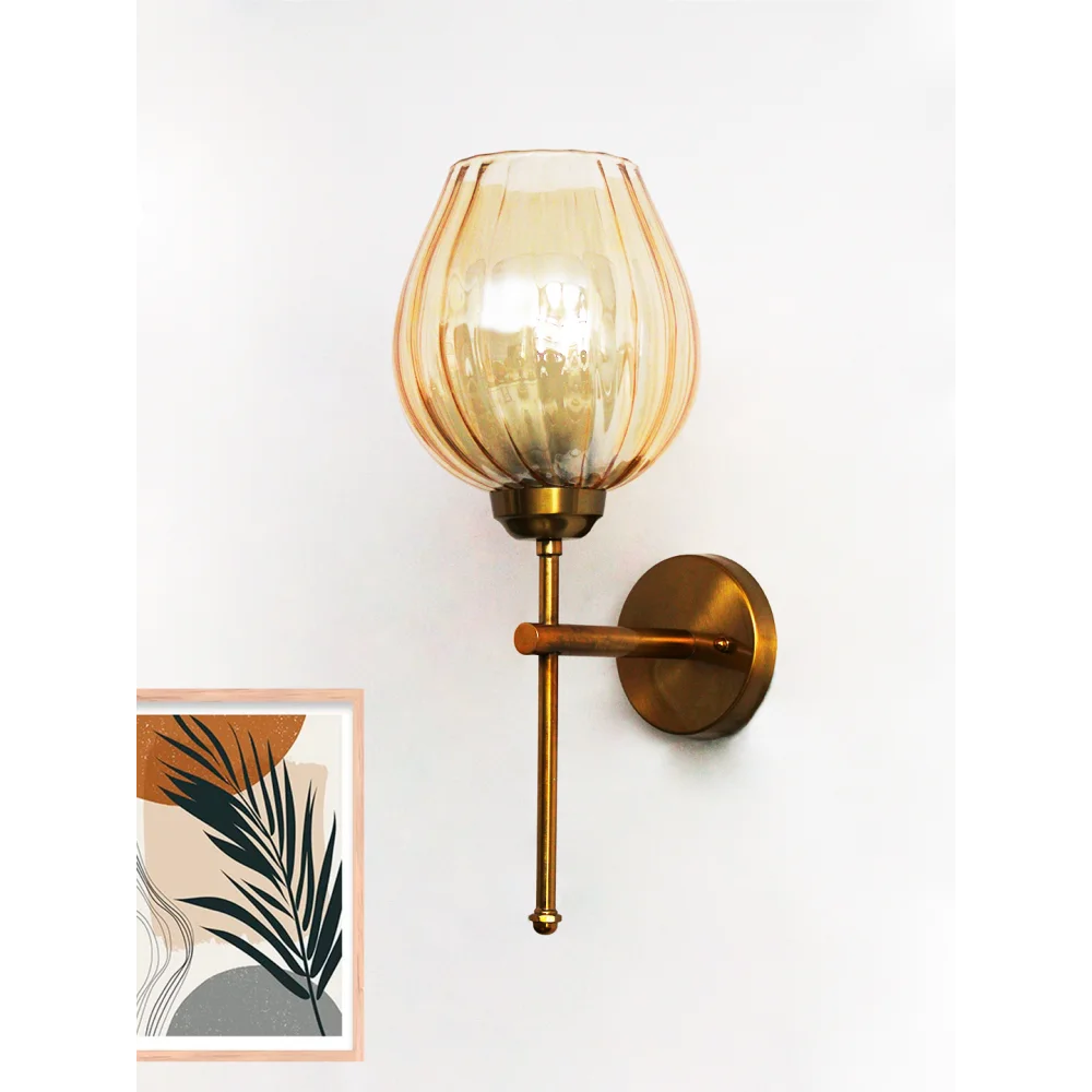 Elegant Brass Wall Sconce Amber Glass Lamp Fixture | SKE-140010_2_EBWSAGLF