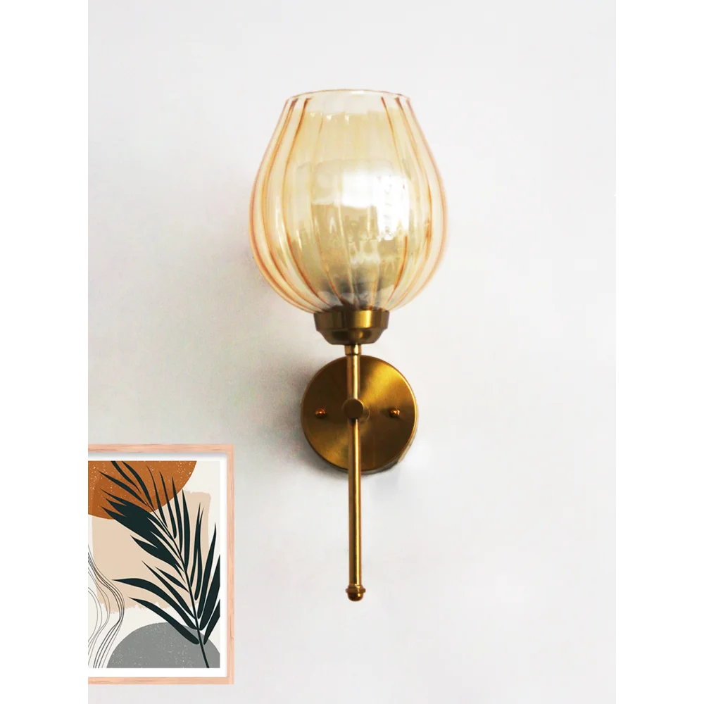 Elegant Brass Wall Sconce Amber Glass Lamp Fixture | SKE-140010_2_EBWSAGLF