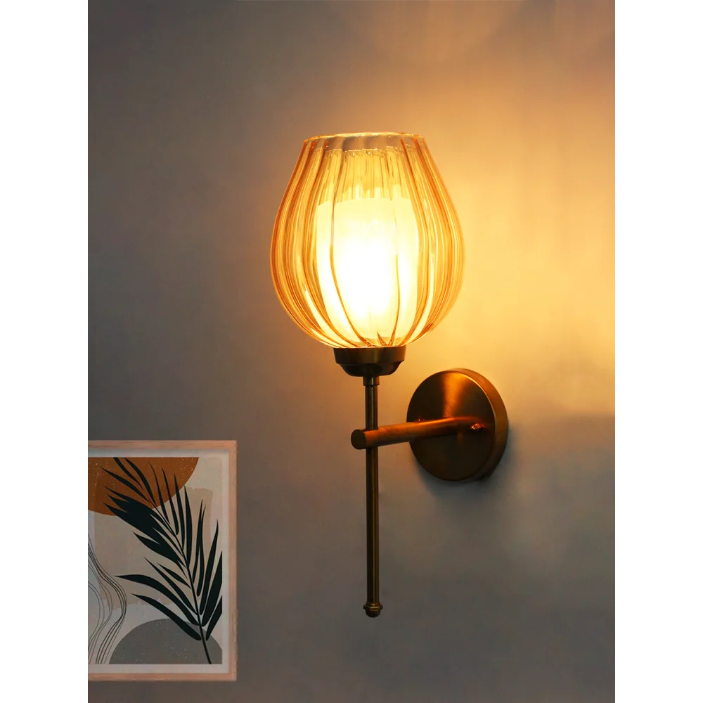 Elegant Brass Wall Sconce Amber Glass Lamp Fixture | SKE-140010_2_EBWSAGLF