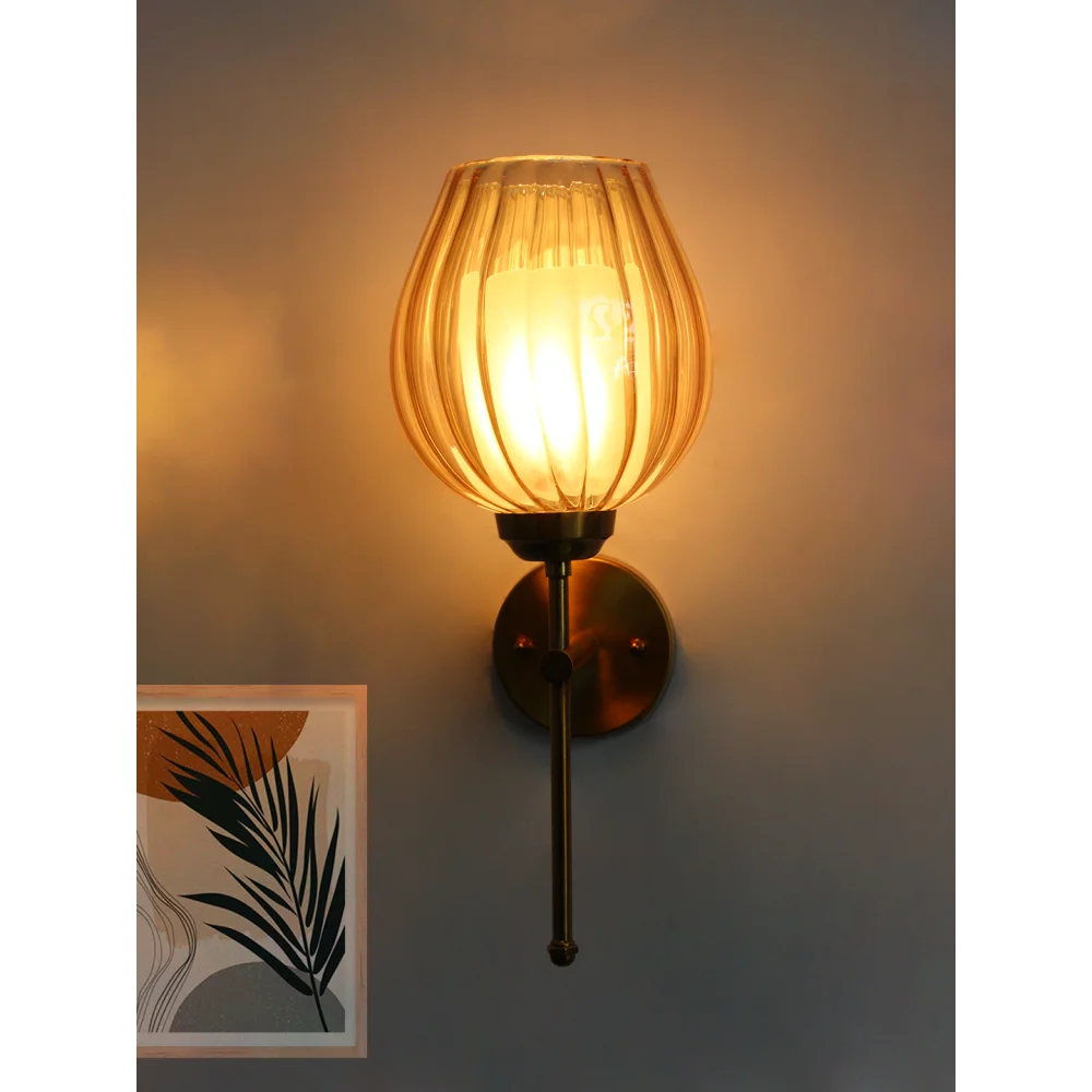 Elegant Brass Wall Sconce Amber Glass Lamp Fixture | SKE-140010_2_EBWSAGLF