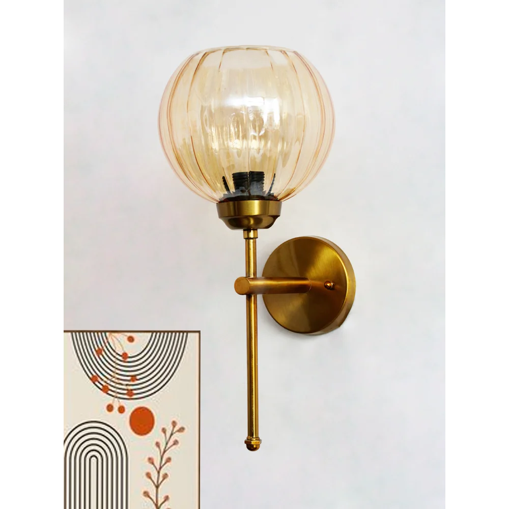 Retro Brass Wall Lamp Amber Ribbed Glass Shade | SKE-140010_2_RBWLARGS