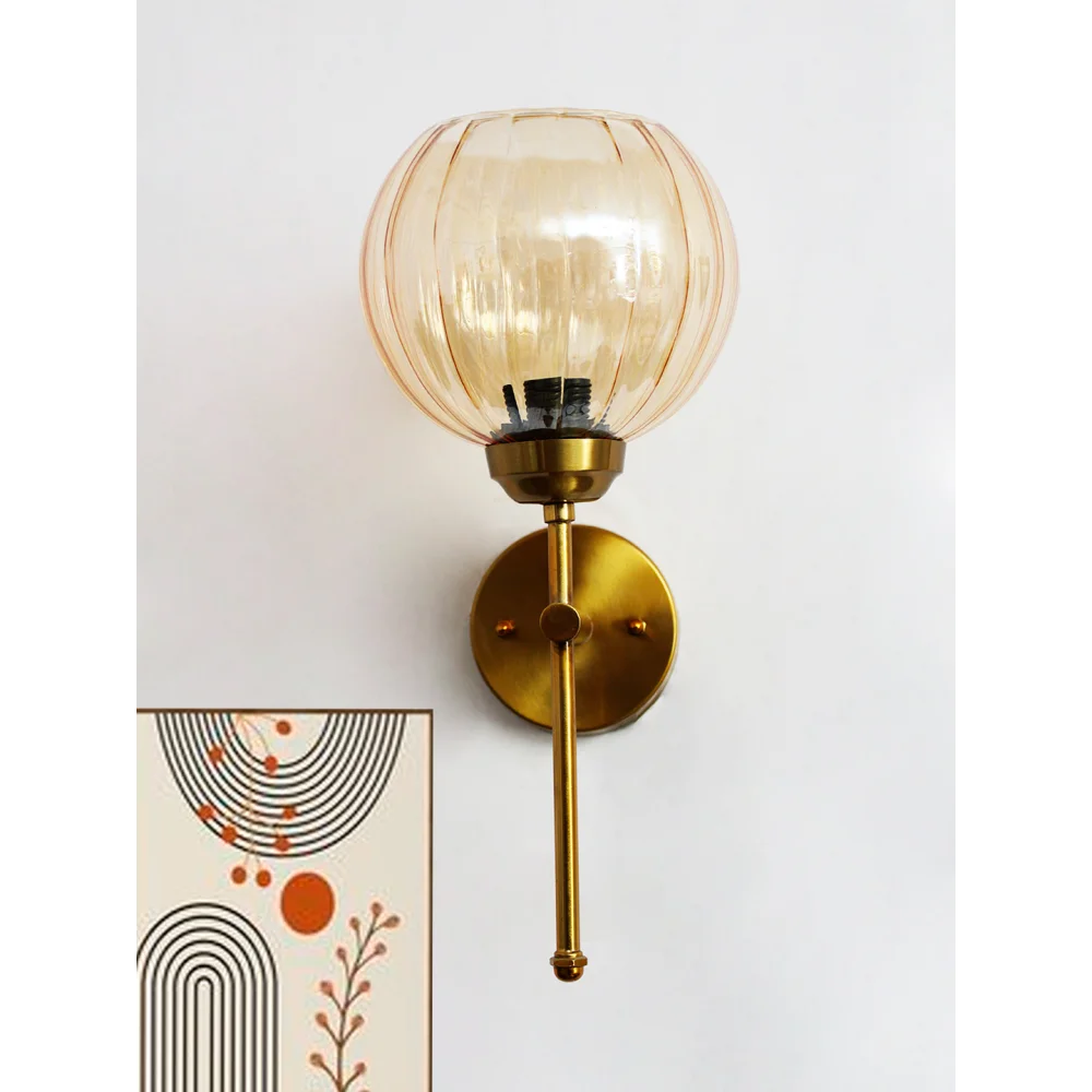 Retro Brass Wall Lamp Amber Ribbed Glass Shade | SKE-140010_2_RBWLARGS