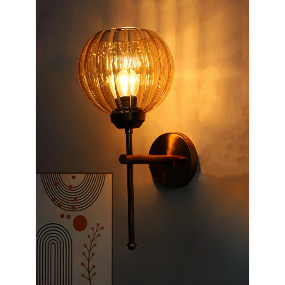Retro Brass Wall Lamp Amber Ribbed Glass Shade | SKE-140010_2_RBWLARGS