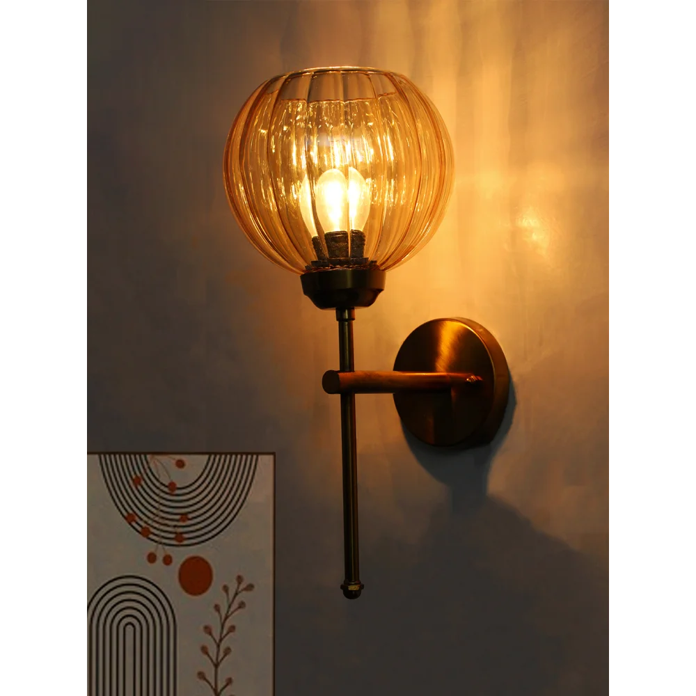 Retro Brass Wall Lamp Amber Ribbed Glass Shade | SKE-140010_2_RBWLARGS