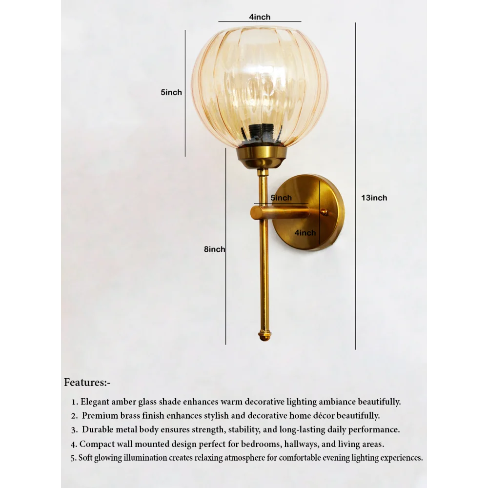Retro Brass Wall Lamp Amber Ribbed Glass Shade | SKE-140010_2_RBWLARGS