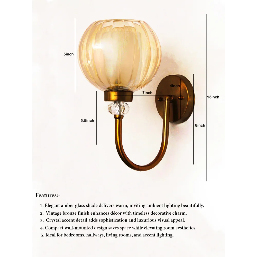 Decorative Brass Wall Light with Amber Glass Globe | SKE-140043_ARG