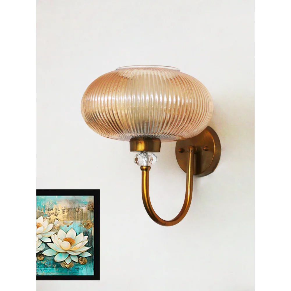 Brass Wall Sconce with Ribbed Amber Glass Shade | SKE-140043_RAGS