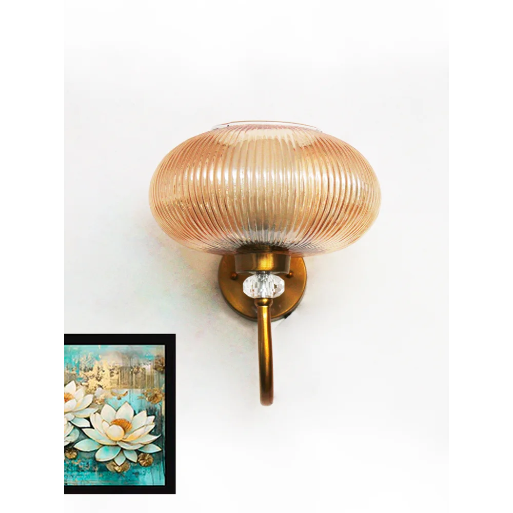 Brass Wall Sconce with Ribbed Amber Glass Shade | SKE-140043_RAGS