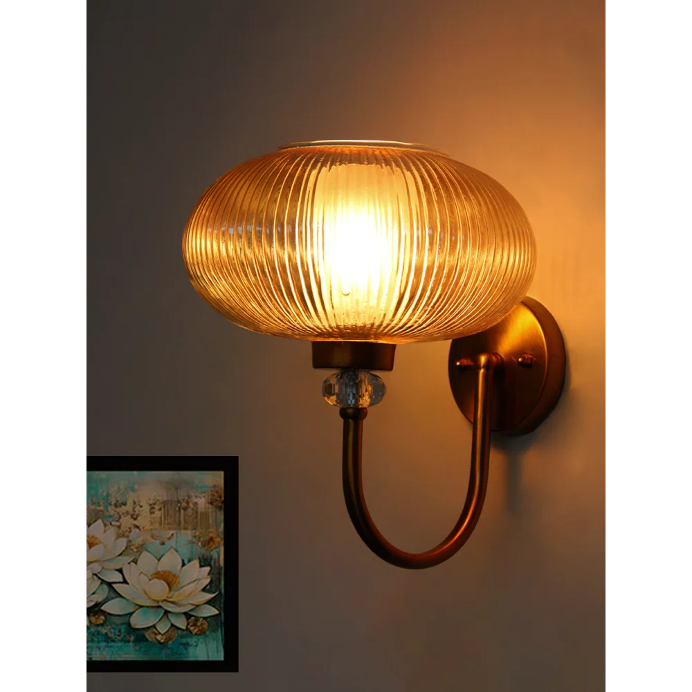 Brass Wall Sconce with Ribbed Amber Glass Shade | SKE-140043_RAGS