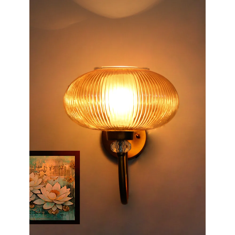 Brass Wall Sconce with Ribbed Amber Glass Shade | SKE-140043_RAGS