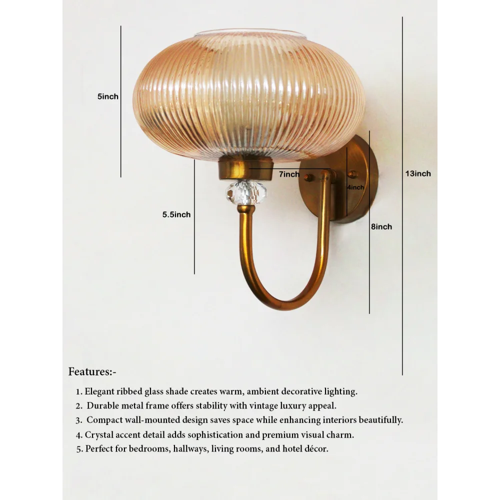 Brass Wall Sconce with Ribbed Amber Glass Shade | SKE-140043_RAGS