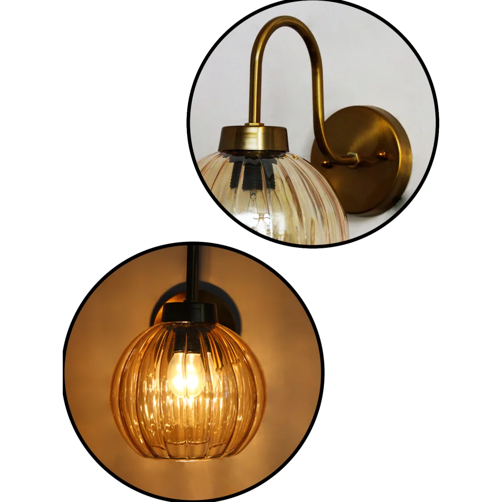 Decorative Brass Wall Sconce Ribbed Amber Glass | SKE-140063_DBWSRAG