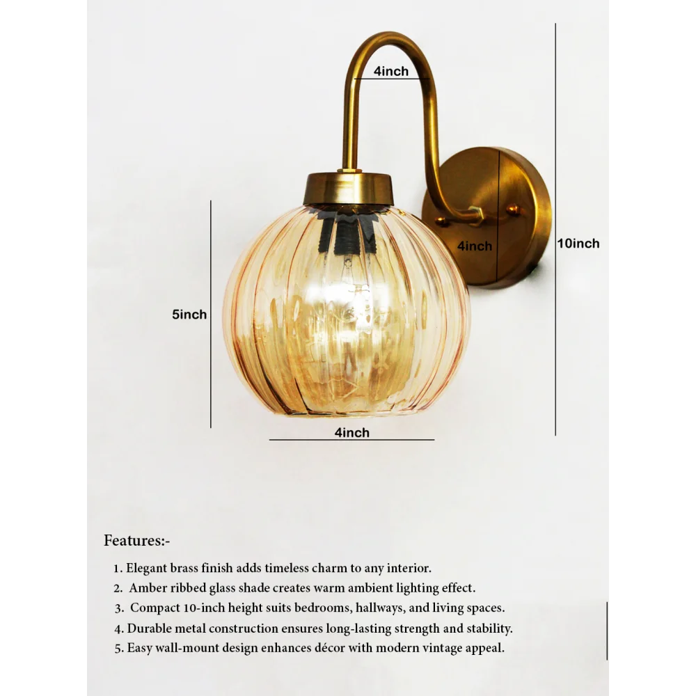 Decorative Brass Wall Sconce Ribbed Amber Glass | SKE-140063_DBWSRAG