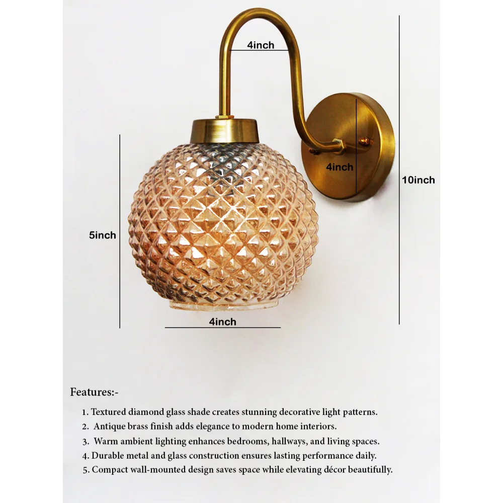 Gold Brass Wall Sconce Diamond Glass Shade Fixture | SKE-140063_GBWSDGSF