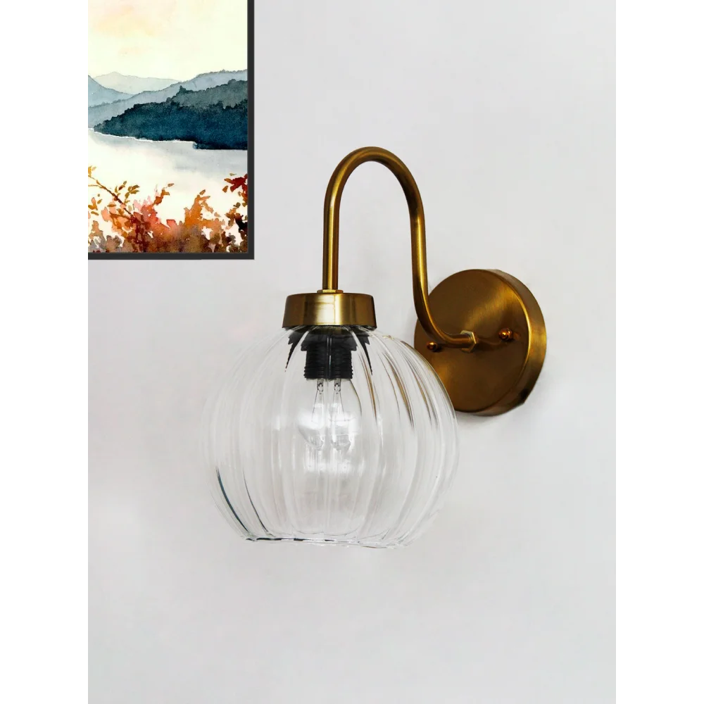 Modern Brass Wall Sconce Clear Ribbed Glass Light | SKE-140063_MBWSCRGL