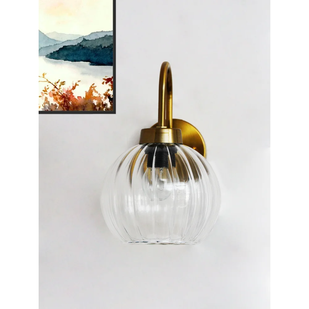 Modern Brass Wall Sconce Clear Ribbed Glass Light | SKE-140063_MBWSCRGL